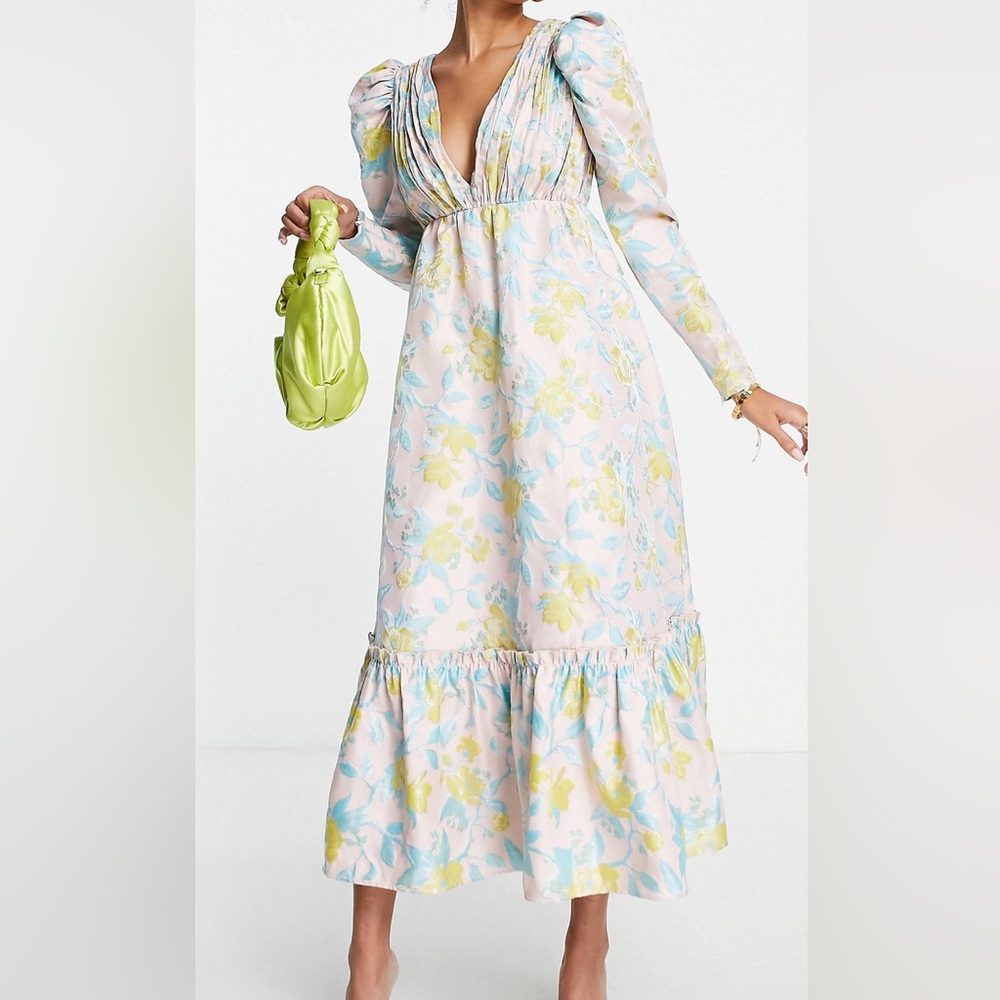 ASOS EDITION waisted midi dress with pleat bust in floral jacquard